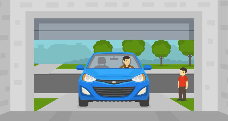 Graphic of a man driving into the garage with a child waiting nearby.
